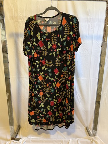 LuLaRoe Women's XL Black Floral Hi-Low Carly Dress Short Sleeve-slinky material