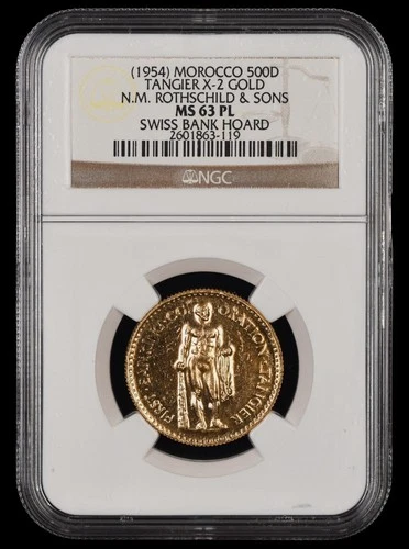 (1954) Morocco 500D Tangier X-2 Gold N.M. Rothschild & Sons NGC MS63 PL 119