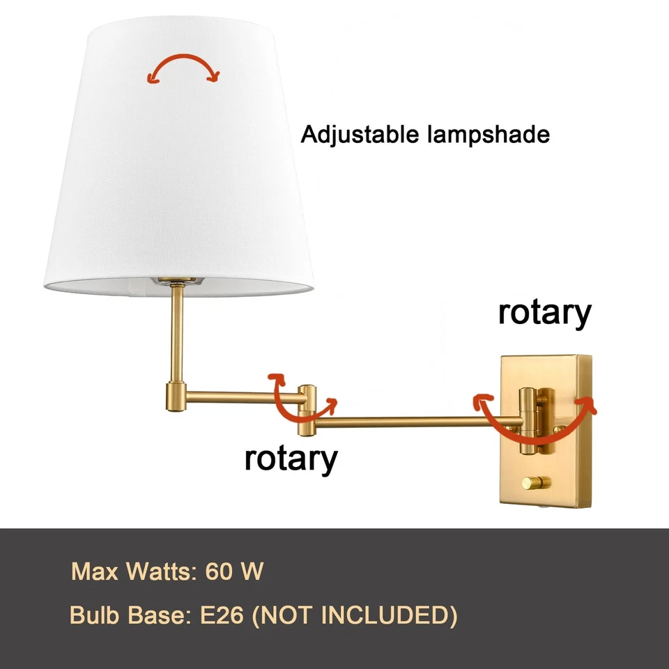 Apliques de pared de latón con brazo oscilante dorado con pantalla de lino | Enchufable o Har... Foto 4 de 4