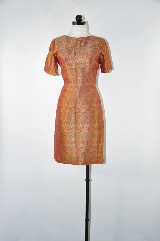 60s Vintage Iridescent Copper Silk Ikat Short Sleeve Slim Wiggle Dress Women S M - Image 3 of 4