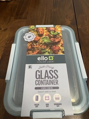 Ello Color Lock 5-Cup Glass Rectangle Leak Proof Snap Lid 2-Pc Set Blue/Clear