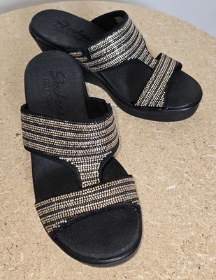 Sketchers Sz 6M Wedge Slip On Black Sandles 2 Straps Copper Brown Silver Sequins