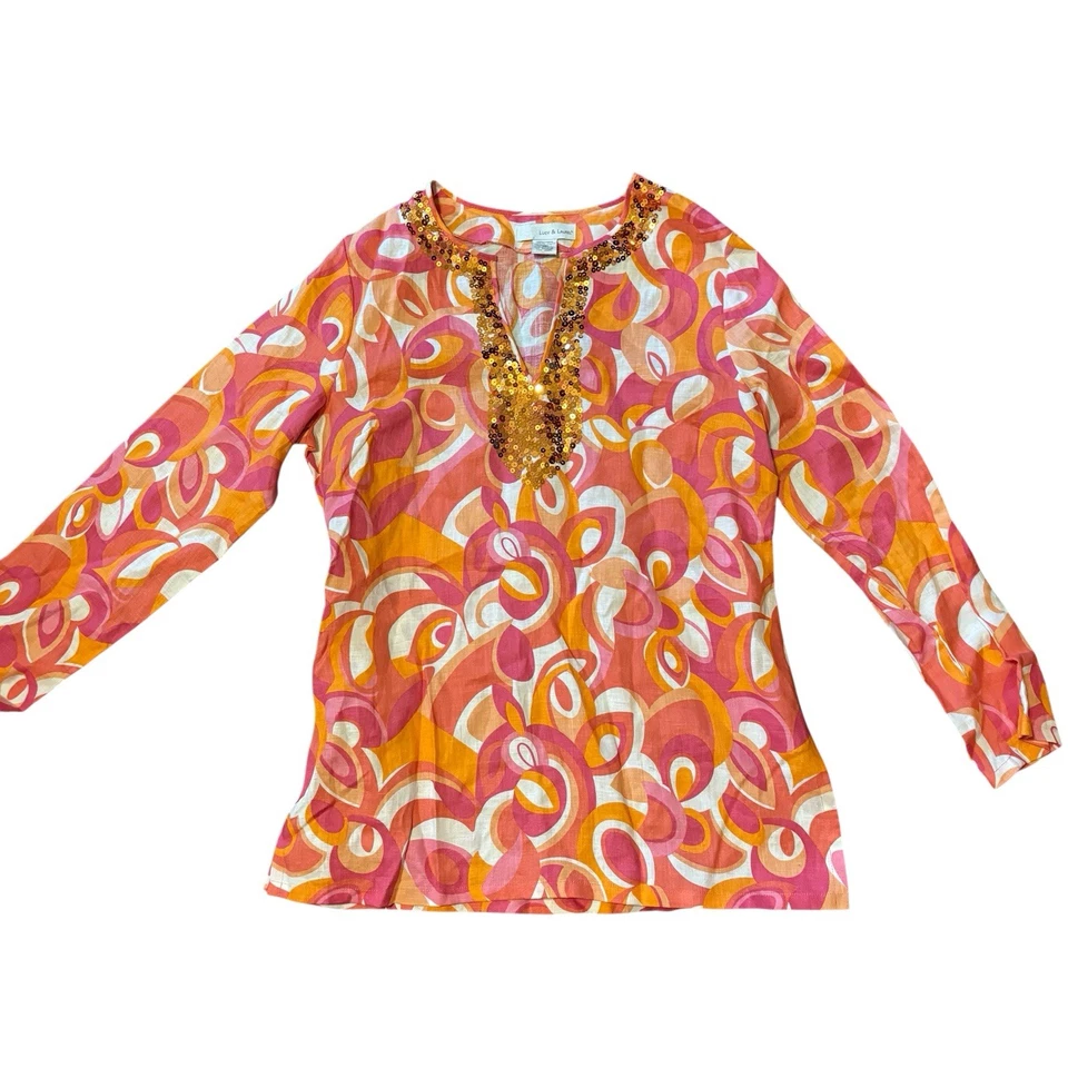 Top para mujer Lucy & Laurel 100 % lino talla mediana estampado geométrico escote lentejuelas Foto 2 de 4