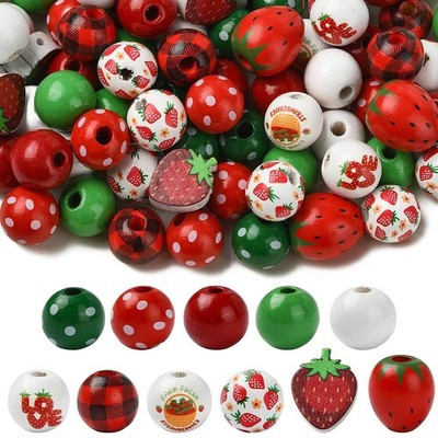 100Pcs Dyed Natural Wooden Beads, Strawberry Theme Macrame Large Hole Beads DIY