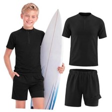 Boys Short Sleeve Rash Guard Swim Set UPF 50 Swimwear, 9-10 Years Black