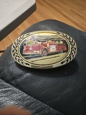 Vintage Fire Department Fire Truck All Brass Belt Buckle BR1-BBCASE