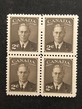 Canada 1949 King George VI, 2 Cent Sepia Scott # 285 Block of 4 MNH Lot # 49A4FA