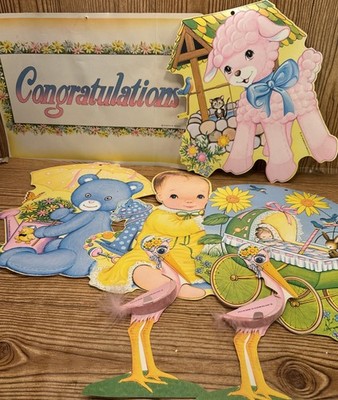 Vintage Lot Beistle Baby Shower Decor Paper Cut Outs Yellow Pink Blue Stork Lamb