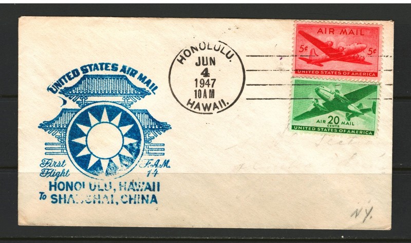 USA China ROC First Flight Cover FAM 14 Honolulu to Shanghai 1947 Sc#C27-28 VF