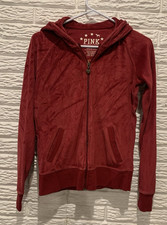 PINK Victoria's Secret Full Zip Hoodie Size Small Maroon Velour Pockets