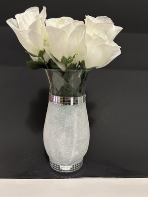 Glass Vase 8.5in X 4in D- White Crystal Diamond Glitter 