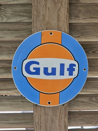 Vintage 1950s Gulf Gasoline Sign - Porcelain Gas Station Sign 12"