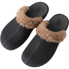Crocs Women Black Faux Fur Trim Wedge Clogs Slip On Platform Mules Round Toe