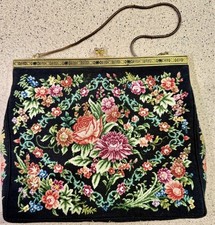 Vtg Petit Point Floral Tapestry Handbag Roses Ornate Gold Tone Frame Evening Bag