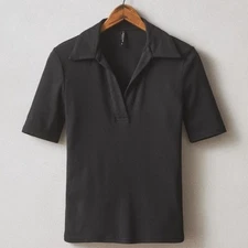 American Giant Luxe Rib Pop Over Polo Top Womens XL Black Minimalist Modern NWOT