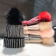 Women Bling Glitter Rhinestone Knit Beanie Hat with Faux Fur Pompom Warm Cap