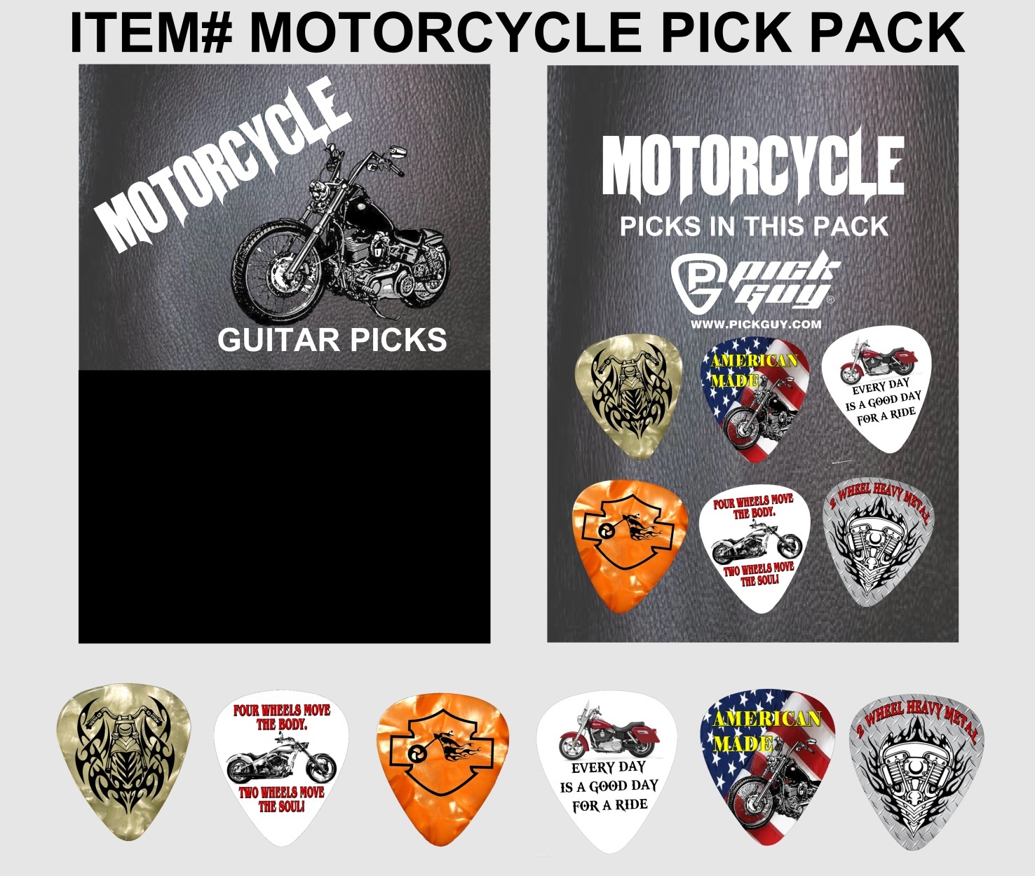 "MOTORCYCLE" Guitar Pick Pack, 6 Picks .71mm Clamshell, pics, plectrums