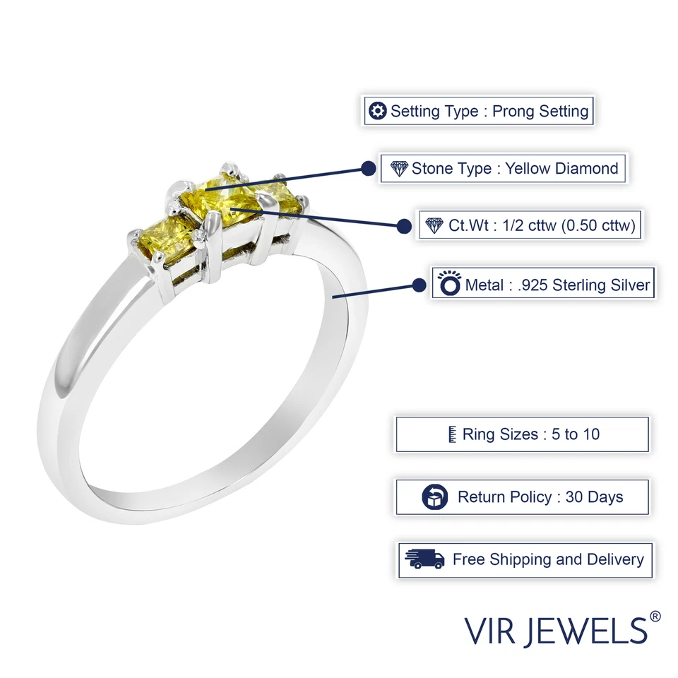 1/2 cttw 3 Stone Princess Yellow Diamond Engagement Ring .925 Sterling Silver - Image 3 of 4