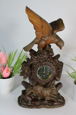 Antique german wood carved black forest mantel clock deer eagle 