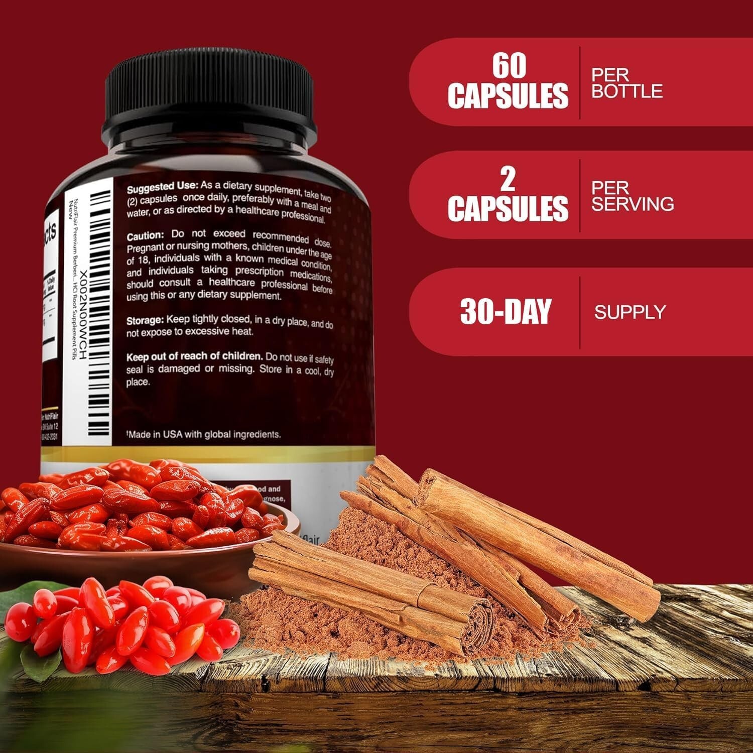 NUTRIFLAIR PREMIUM BERBERINE HCl 1200mg + Organic Ceylon Cinnamon 60 Capsules