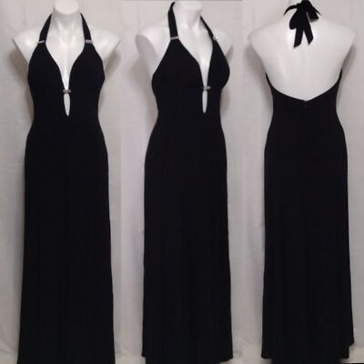 Blondie Nites Linda Bernell Black Halter Bareback Long Prom Evening Gown US 9