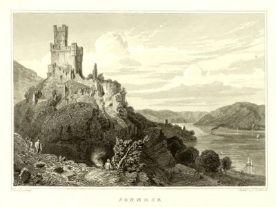   BURG SONNECK MIT BLICK ÜBER DEN RHEIN   Orig Stahlstich  v Lange nach Rohbock - Bild 1 von 3