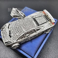 HIP HOP ICED SILVER PLATED BLING LARGE SUPER CAR CUBIC ZIRCONIA CHARM PENDANT