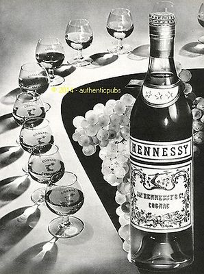 REKLAME COGNAC HENNESSY 3 STERNE GLAS TRAUBE FRÜCHTE VON 1951 FRANZÖSISCHE ANZEIGE PUB