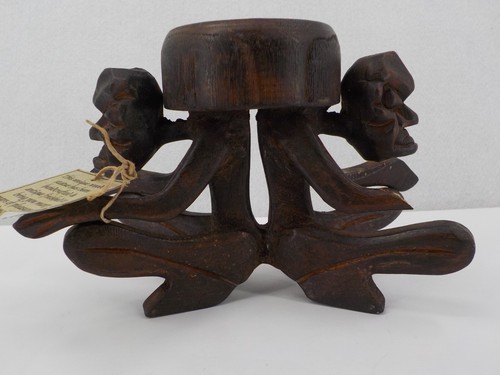 HANDCRAFTED WOODEN PILLAR CANDLE HOLDER TWO GOTHIC SEATED MEN ANTIQUED STATUE
