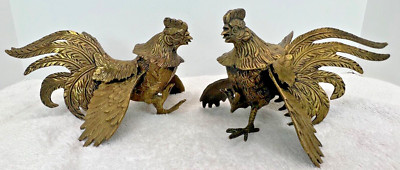 Vintage Pair Mid Century Fighting Cocks Roosters Bronze Figures