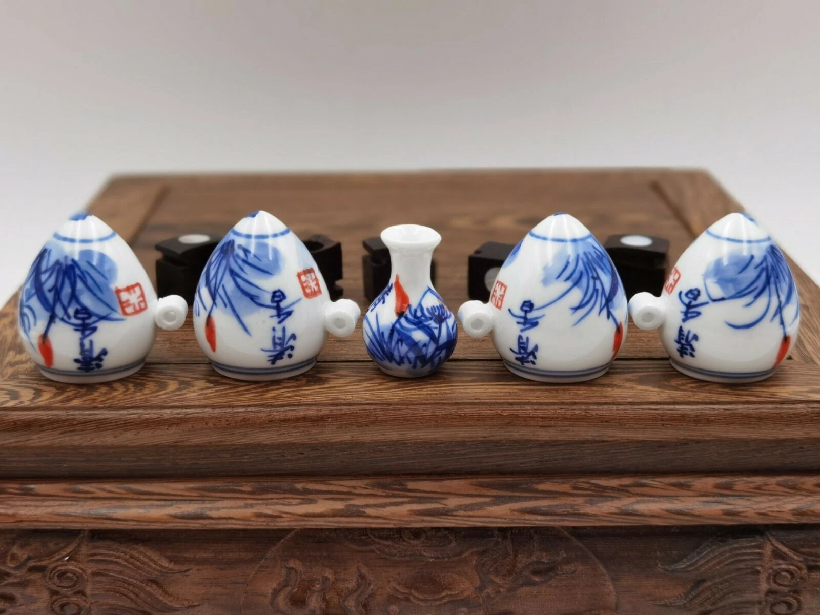 1set 5pcs Asian Bamboo Bird Cage landscape food ceramics cups清风.鸟食杯70157