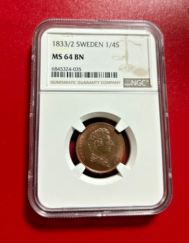 1833/2 SWEDEN 1/4 SKILLING NGC MS 64 BN HIGH GRADE POP 2 RARE