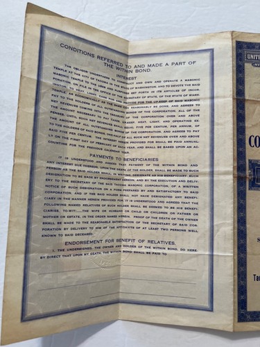 VTG Registered 1924 Bond Tacoma Masonic Corporation Washington - Picture 3 of 4