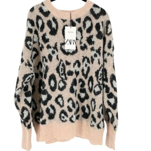 NWT Zara Mohair-Blend Oversized Cream Black Animal Print Pullover Sweater Small
