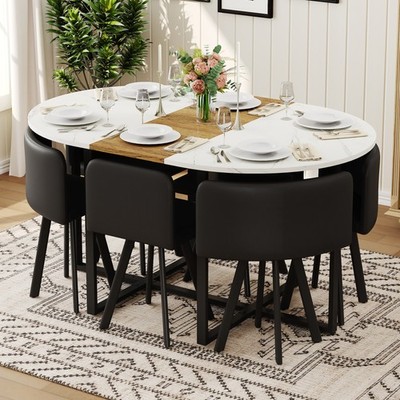 7-Piece Dining Table Set with Oval Kitchen Table and 6 PU Leather Chairs