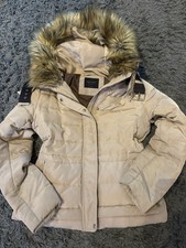 Zara camel tan beige puffer coat large down feather women’s padded fur hood VGC