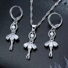 925 Silver Ballerina Necklace Earrings Set Dancer Valentine's Birthday Gift NEW
