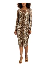 INC Womens Beige Mesh Lined Pullover Long Sleeve Midi Body Con Dress M