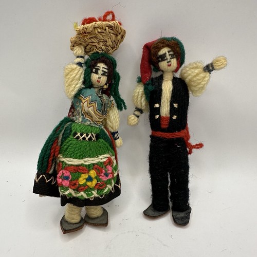 Vintage Yugoslavian Folk Costume Dolls Couple 5" Tall Handmade Yarn Man Women