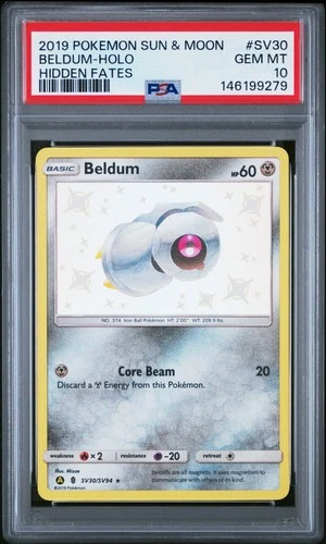 2019 POKEMON SUN & MOON HIDDEN FATES #SV30 BELDUM-HOLO PSA 10