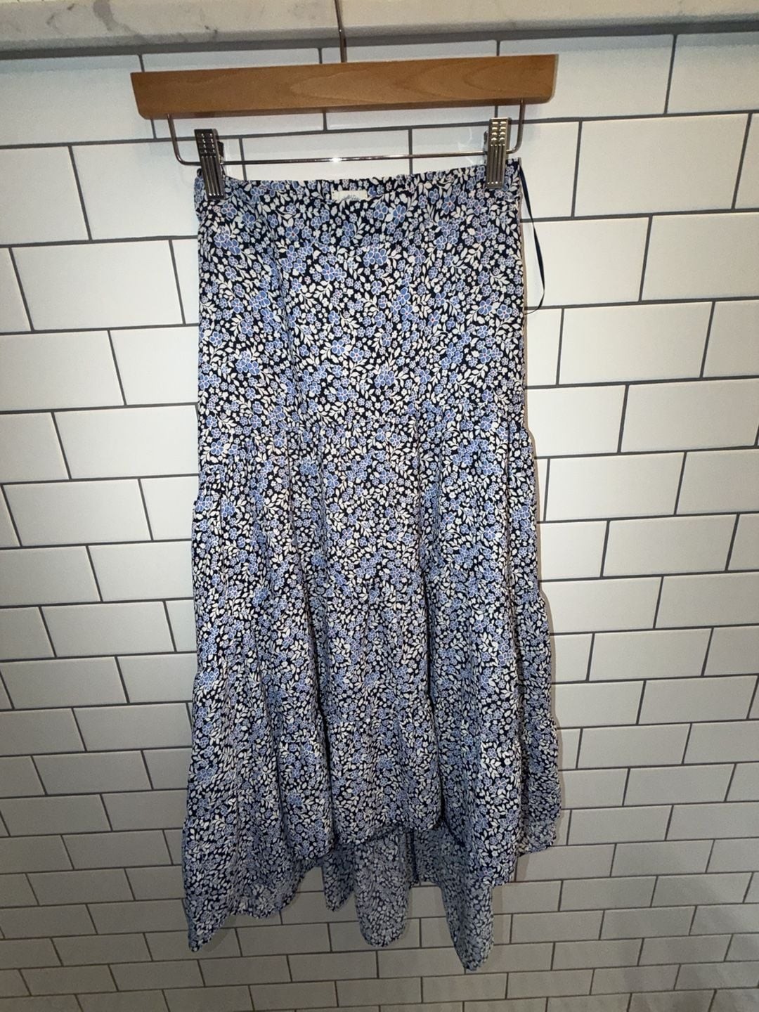 Blue Rain Floral Print Long Tiered High-Low Skirt
