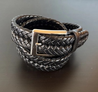 Dockers Mens Belt Size 38/95 Black Leather Woven Design Silvertone Buckle