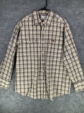 Carhartt Men Large Plaid Long Sleeve Button Up Shirt Beige Blue Pearl Snap
