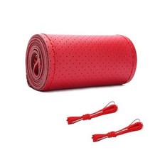 Genuine Leather Steering Wheel Cover, Breathable Anti-Slip Car Full Hole Red