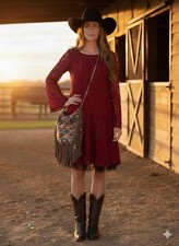 Sagebrush Womens BoHo Inspired Lace Dress Fully Lined Burgandy/Black Size XLarge