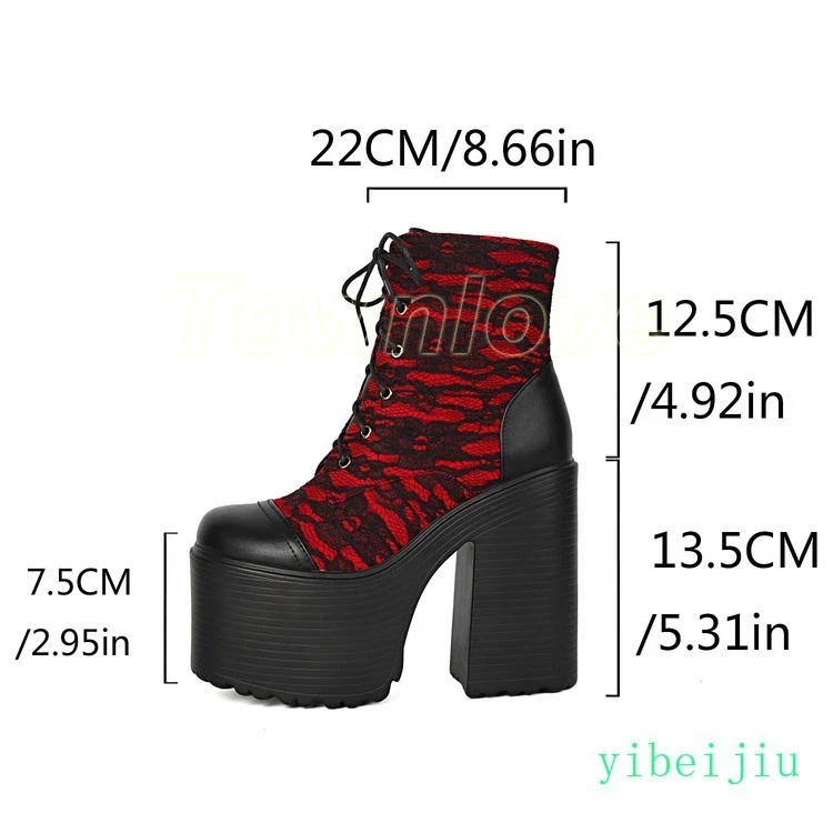 Mujeres Botas al Tobillo Súper Alto Tacón Bloque Plataforma Suela Gruesa Con Cordones Zapatos de Caballero Foto 3 de 4