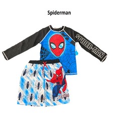 Marvel Spiderman Boy's 2-Piece Long Sleeve Rash Guard  Swim Short Set Blue