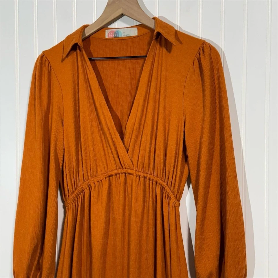 Maxi Vestido Free People FP Playa Naranja Óxido Tejido Waffle XS Cuello Boho Otoño Foto 3 de 4
