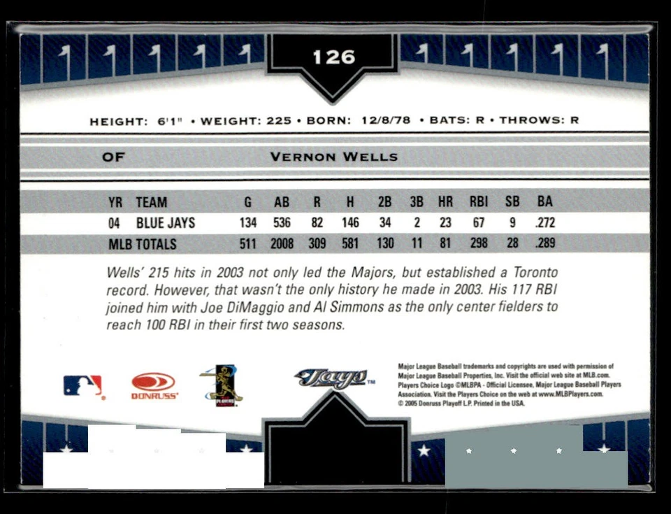 2005 Donruss Champions #126 Vernon Wells Card Toronto Blue Jays - Image 2 of 2
