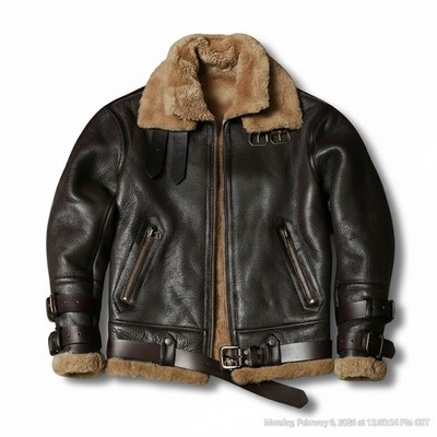 Aviator Men Flight Brown B-3 Bomber Jacket Real Sheepskin Leather Winter Jacket